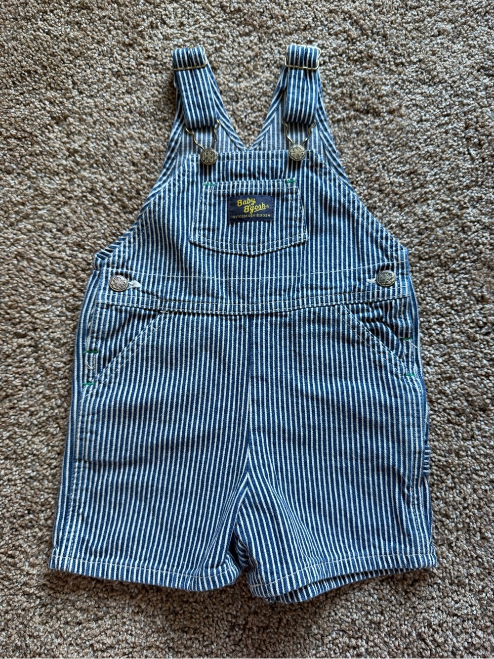 OSHKOSH BABY B’GOSH Vintage Denim Blue & White Pinstripe Vestbak Shortalls